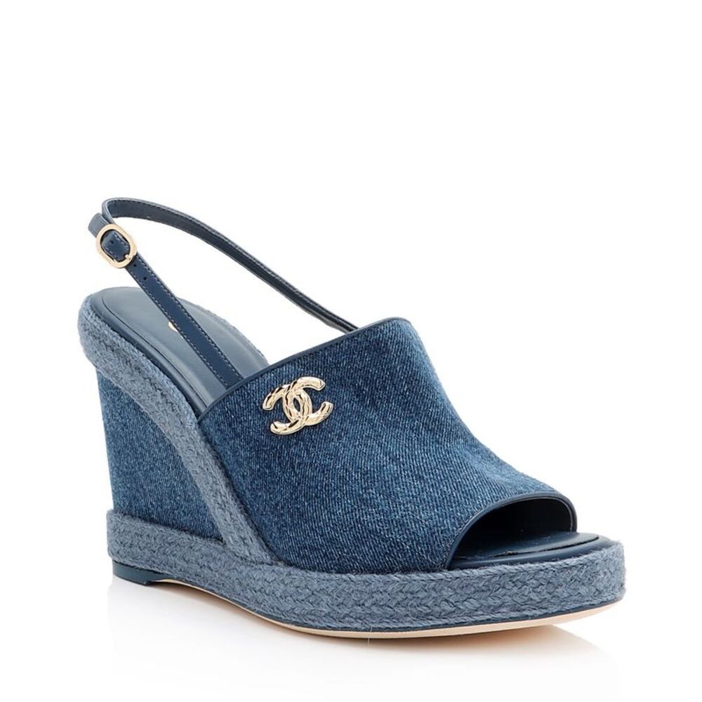Chanel Washed Denim CC Wedge Sandals - Size 8.5 / 39.5